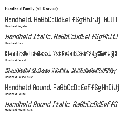 Handheld (6 styles) font from FontHead Design Inc