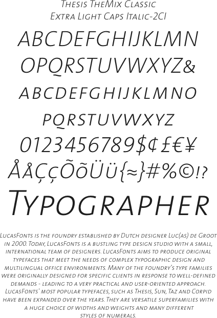Thesis TheMix Classic Extra Light Caps Italic font from LucasFonts