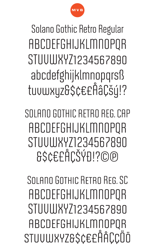 Solano Gothic Retro Regular Package (3 Fonts) font from MVB Fonts