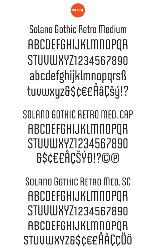 Solano Gothic Retro Medium Package (3 Fonts) font from MVB Fonts