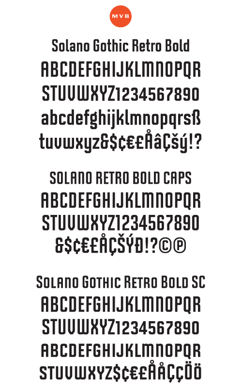Solano Gothic Retro Bold Package (3 Fonts) font from MVB Fonts